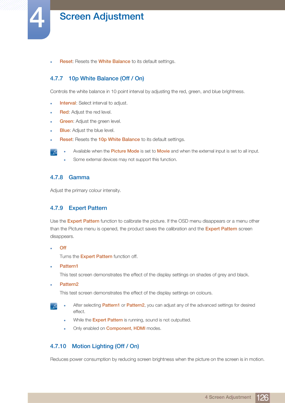 Samsung PE40C user manual 7 10p White Balance Off / On, Gamma, Expert Pattern, Motion Lighting Off / On 