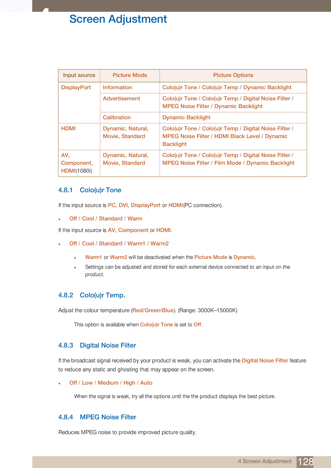 Samsung PE40C user manual Colour Tone, Colour Temp, Digital Noise Filter, Mpeg Noise Filter 