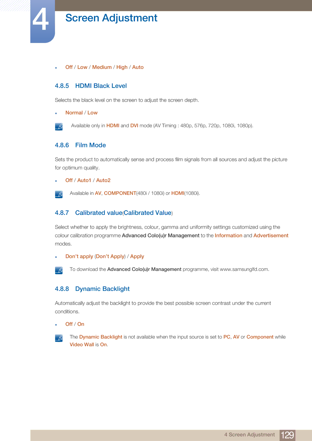 Samsung PE40C user manual Hdmi Black Level, Film Mode, Calibrated valueCalibrated Value, Dynamic Backlight 