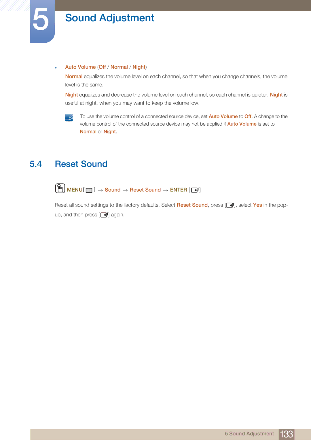 Samsung PE40C user manual  Auto Volume Off / Normal / Night, Menu m Sound Reset Sound Enter 