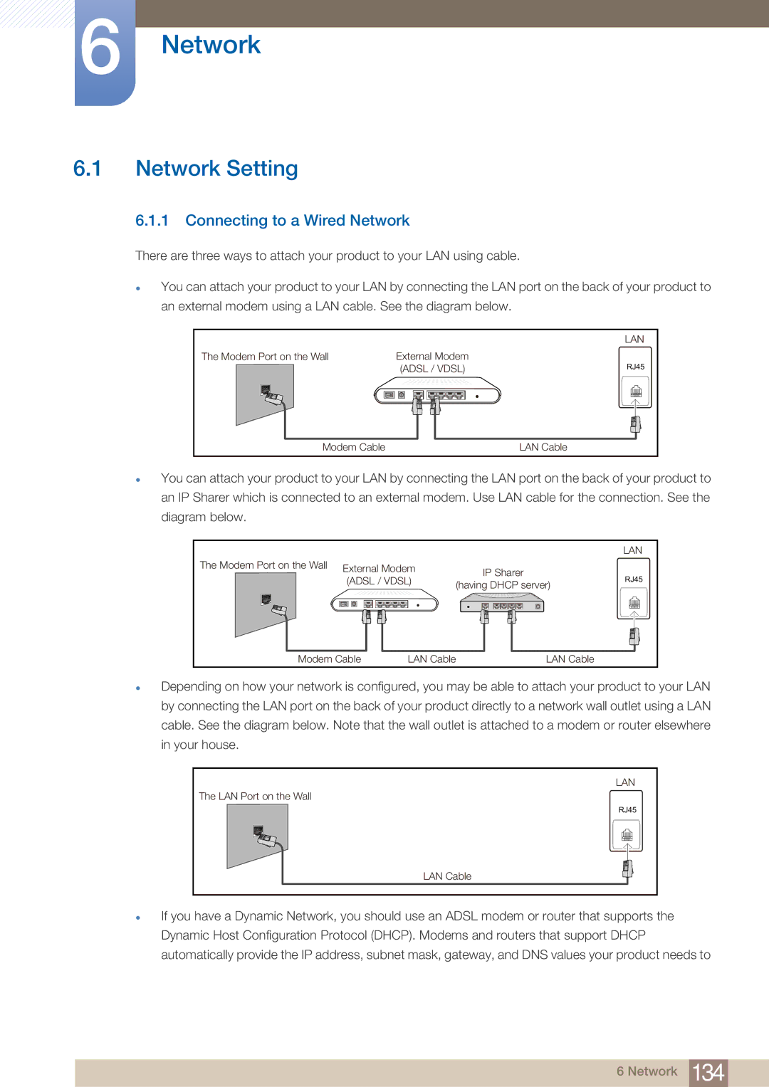 Samsung PE40C user manual Network Setting, Connecting to a Wired Network 