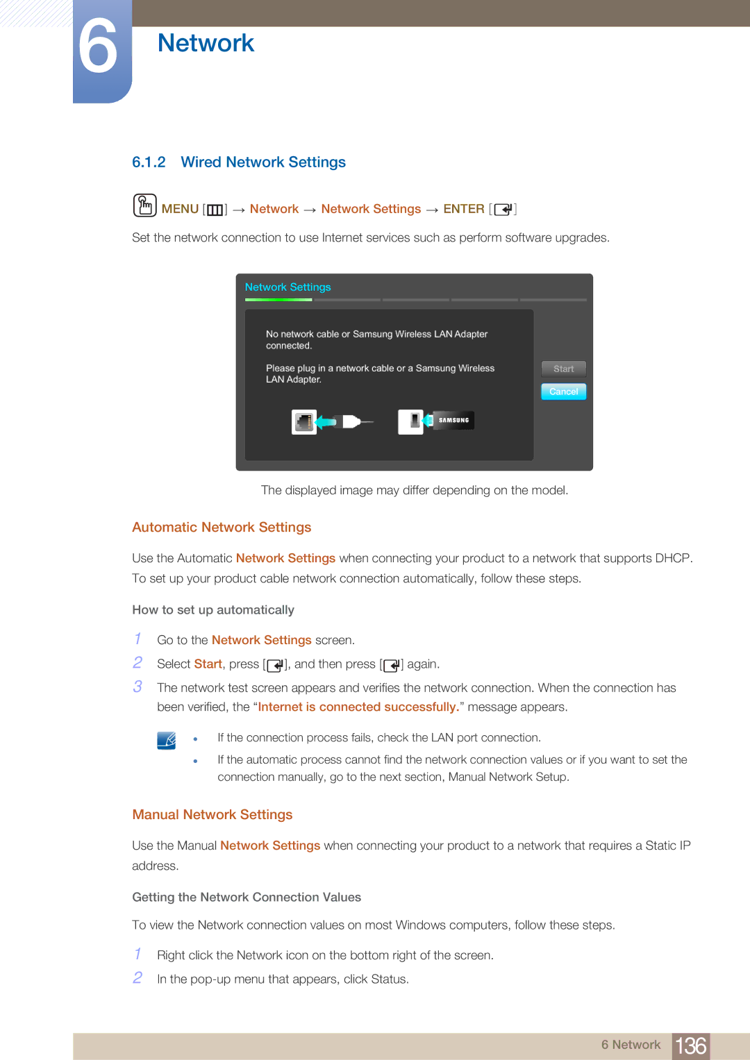 Samsung PE40C user manual Wired Network Settings, Automatic Network Settings, Manual Network Settings 