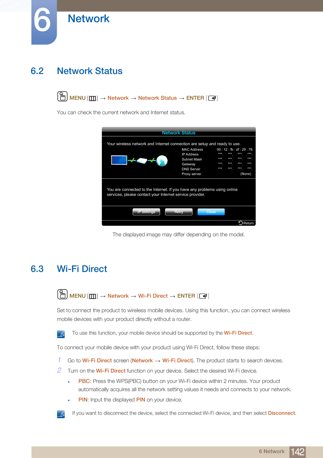 Samsung PE40C user manual Menu m Network Network Status Enter, Menu m Network Wi-Fi Direct Enter 