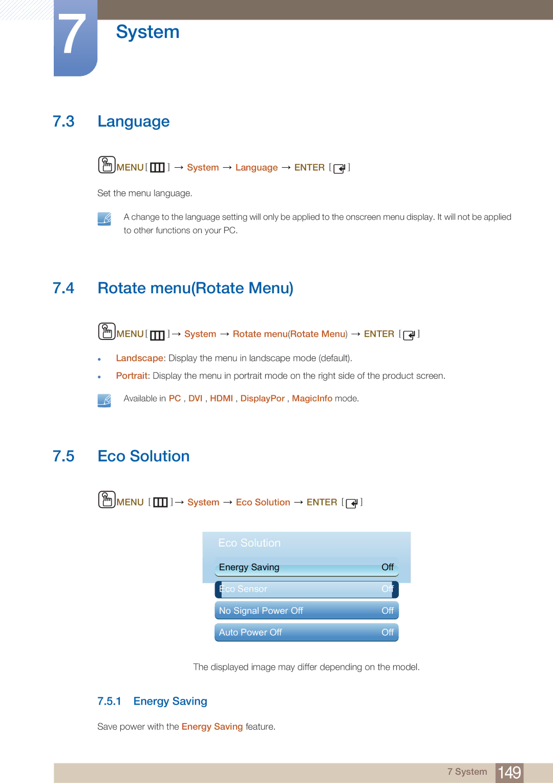 Samsung PE40C user manual Language, Rotate menuRotate Menu, Eco Solution, Energy Saving 