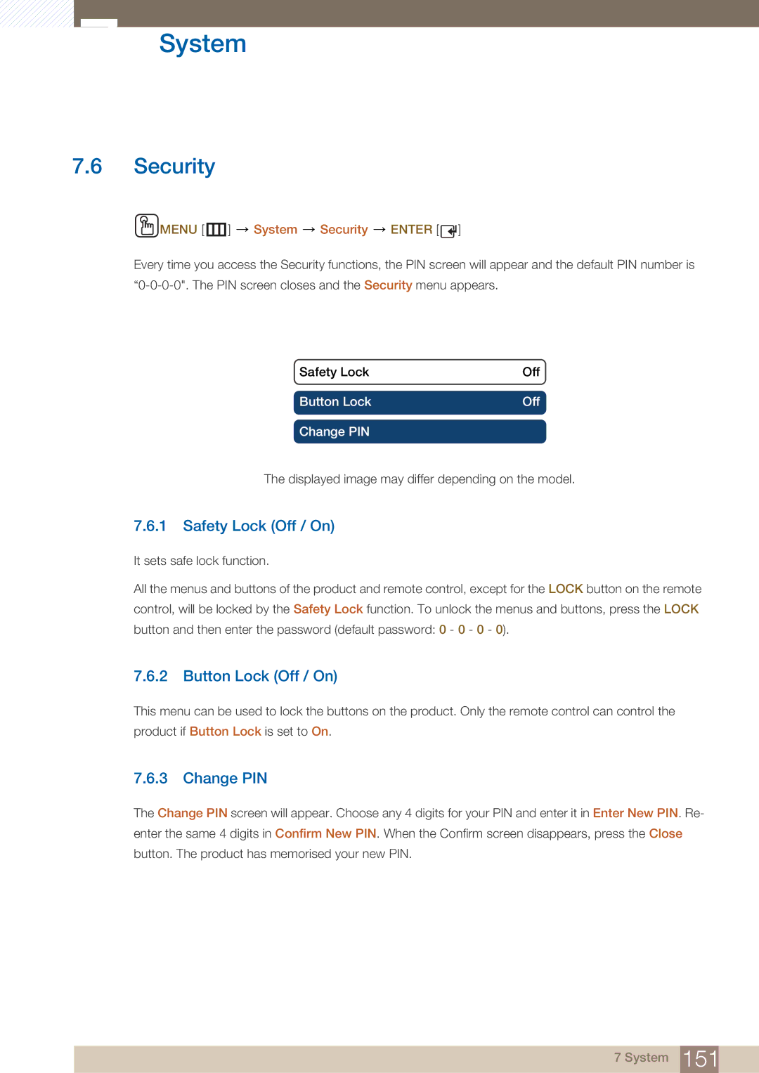 Samsung PE40C user manual Safety Lock Off / On, Button Lock Off / On, Change PIN, Menu m System Security Enter 