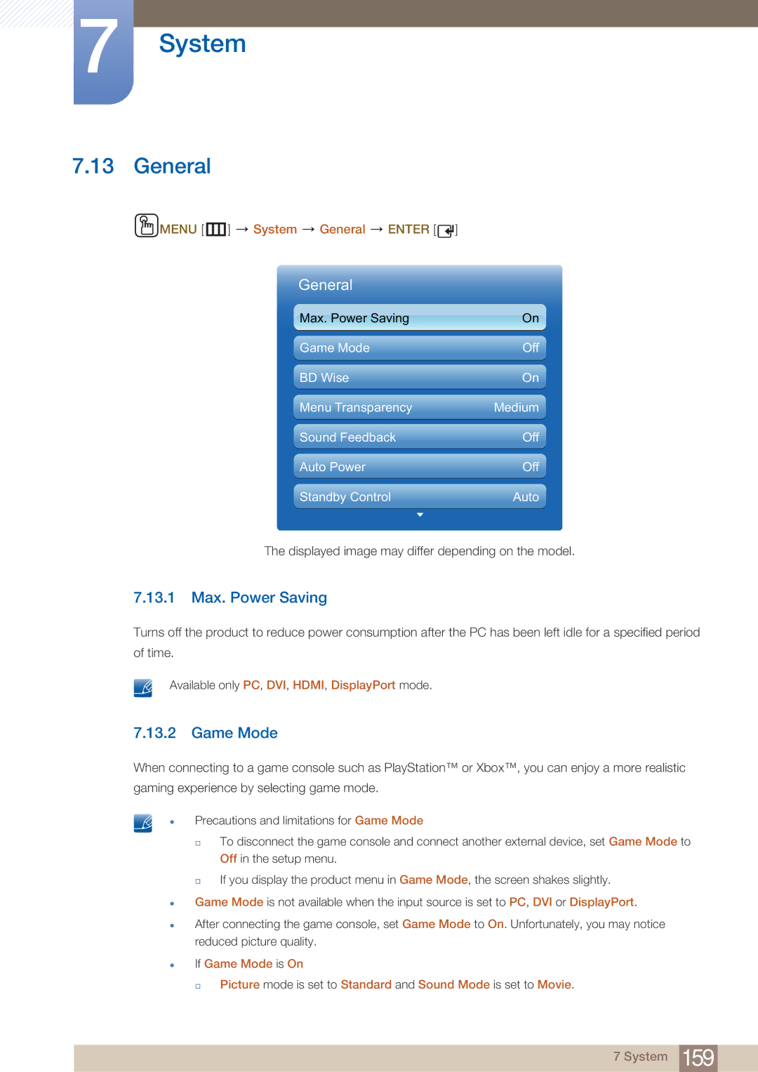Samsung PE40C user manual 13.1 Max. Power Saving, Game Mode, Menu m System General Enter 