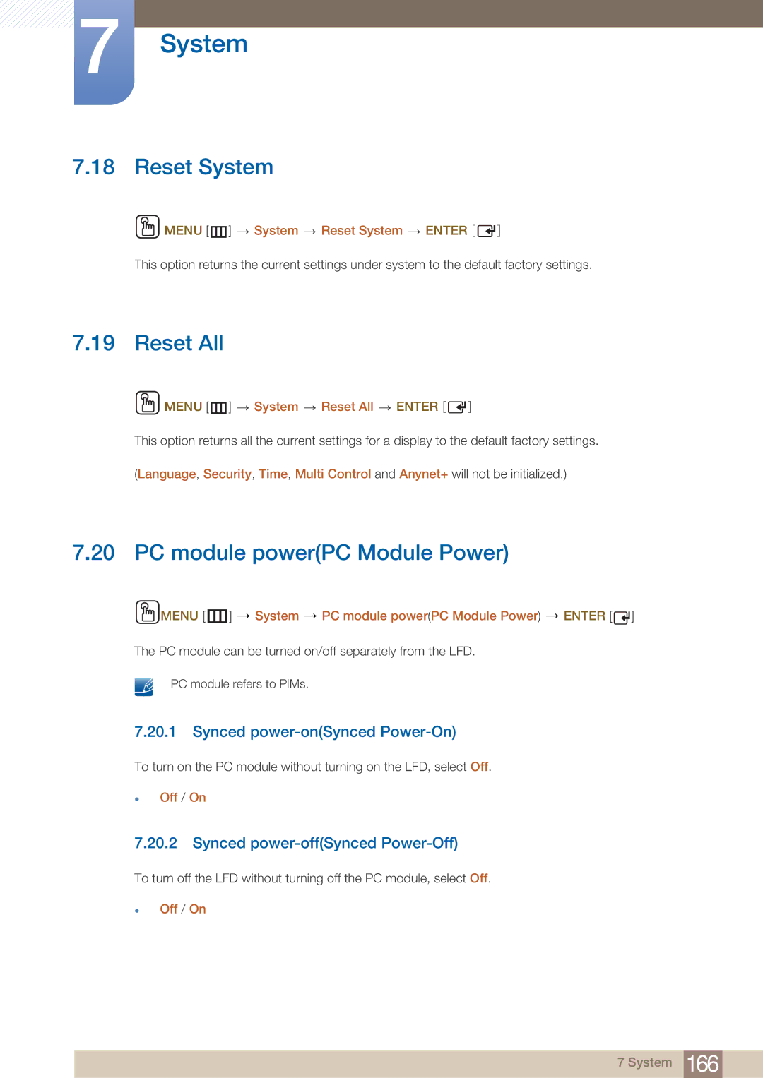 Samsung PE40C user manual Reset System, Reset All, PC module powerPC Module Power, Synced power-onSynced Power-On 