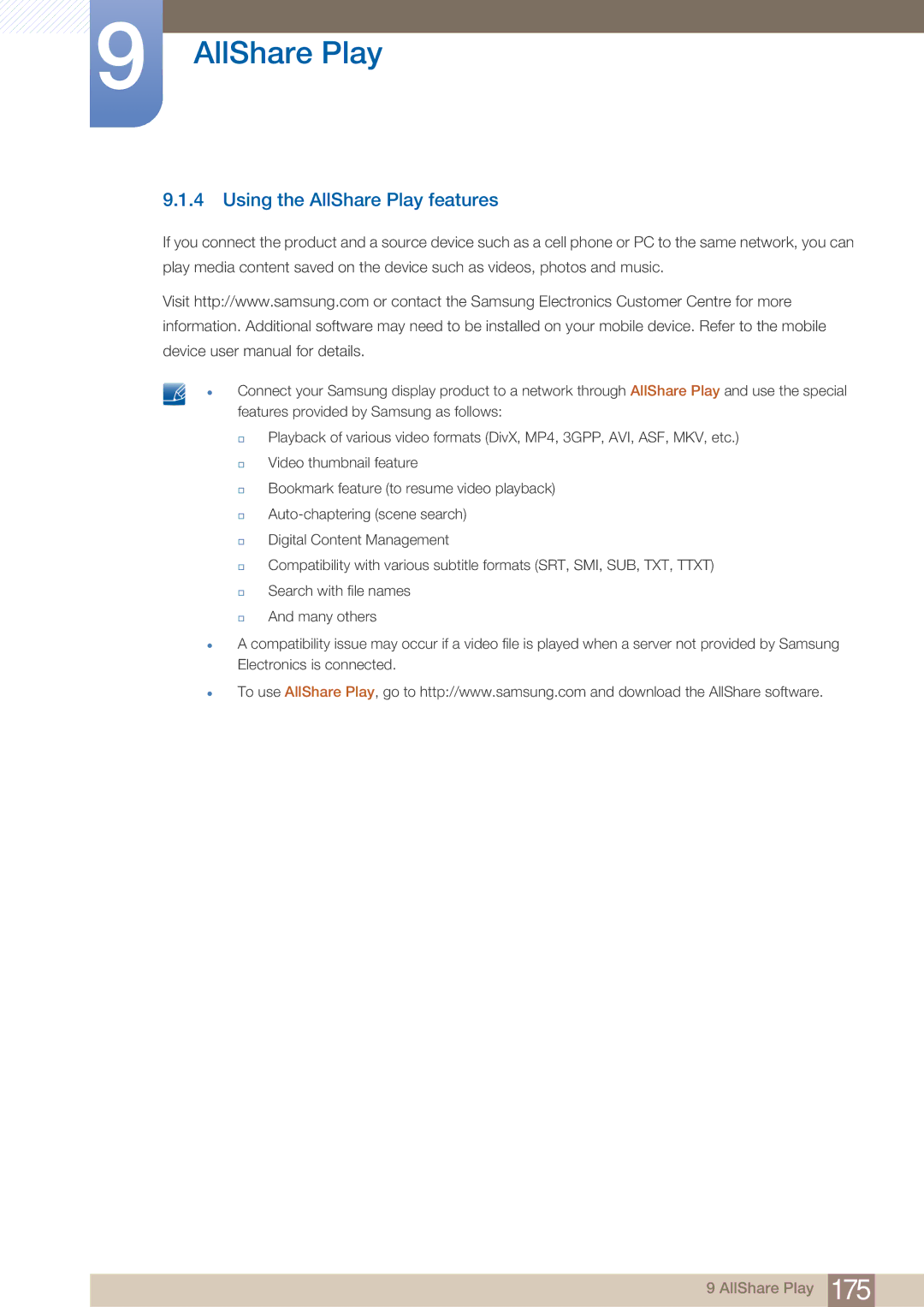 Samsung PE40C user manual Using the AllShare Play features 