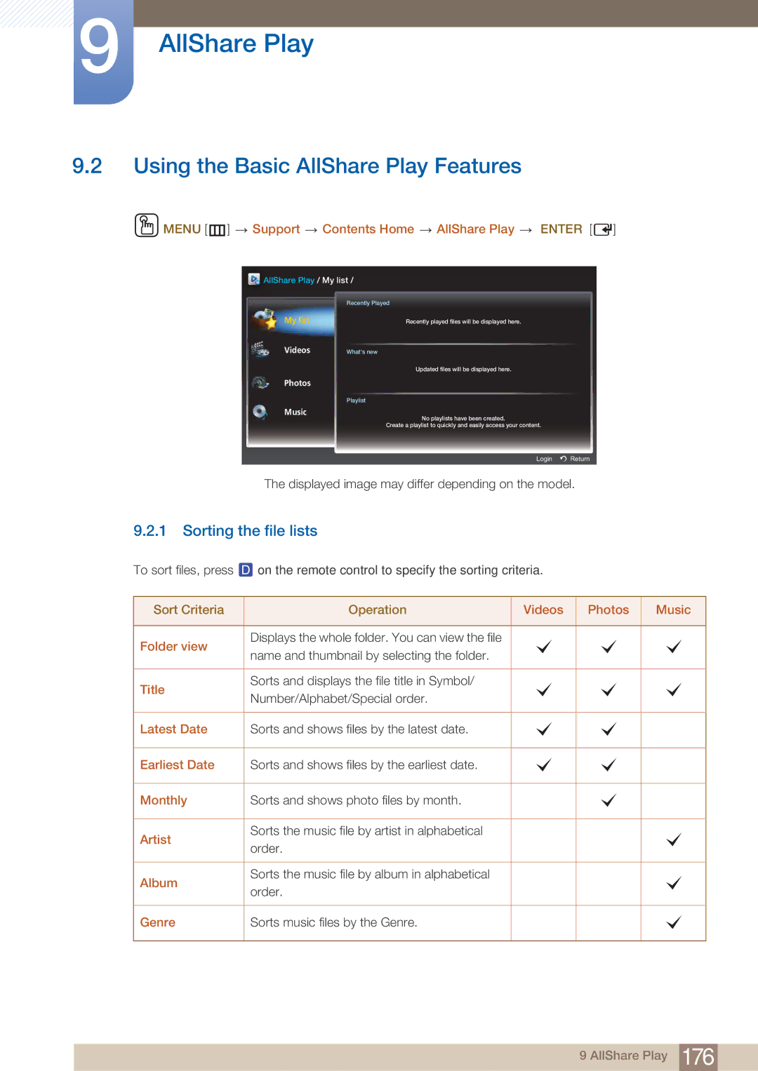 Samsung PE40C user manual Using the Basic AllShare Play Features, Sorting the file lists 