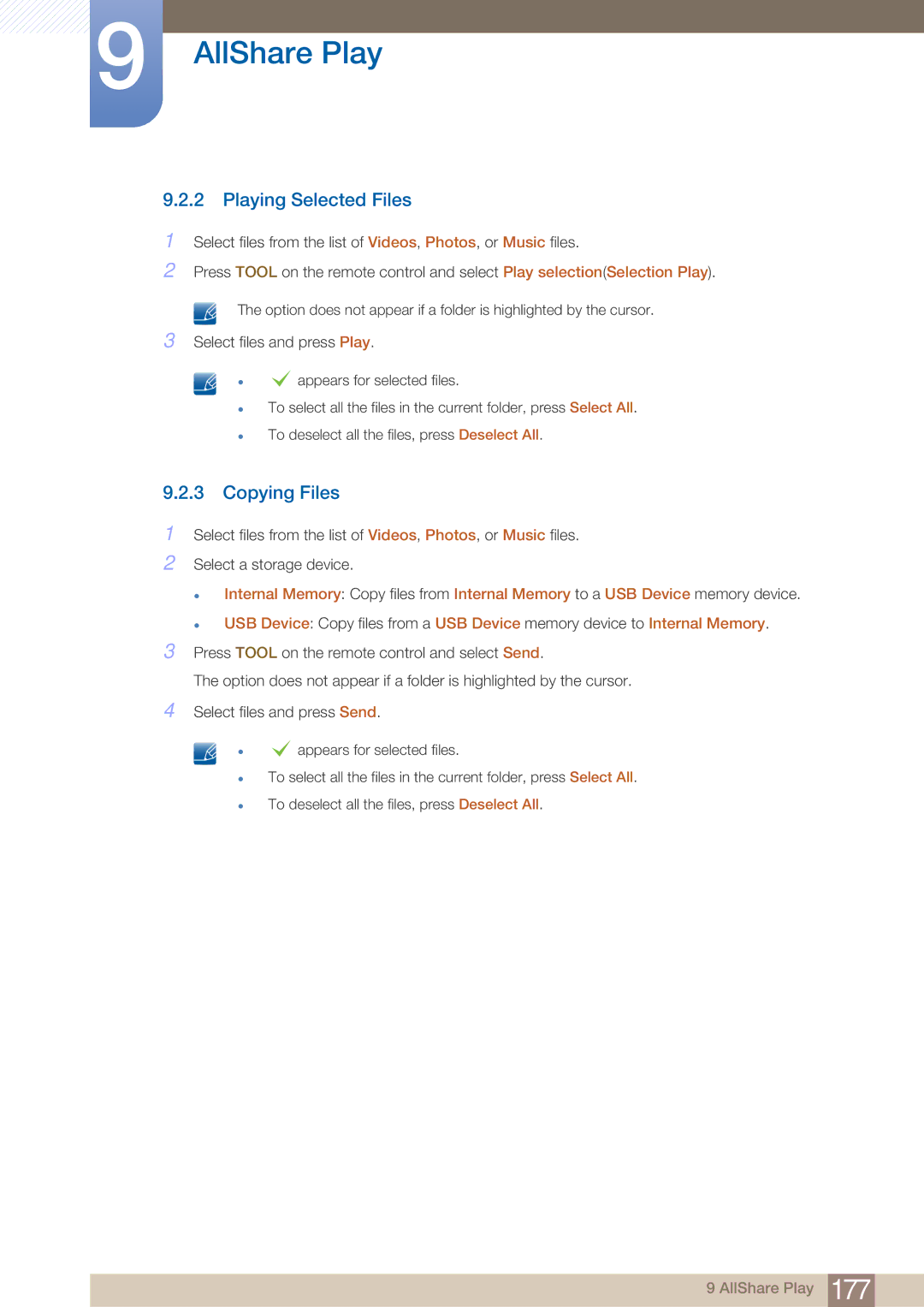 Samsung PE40C user manual Playing Selected Files, Copying Files 