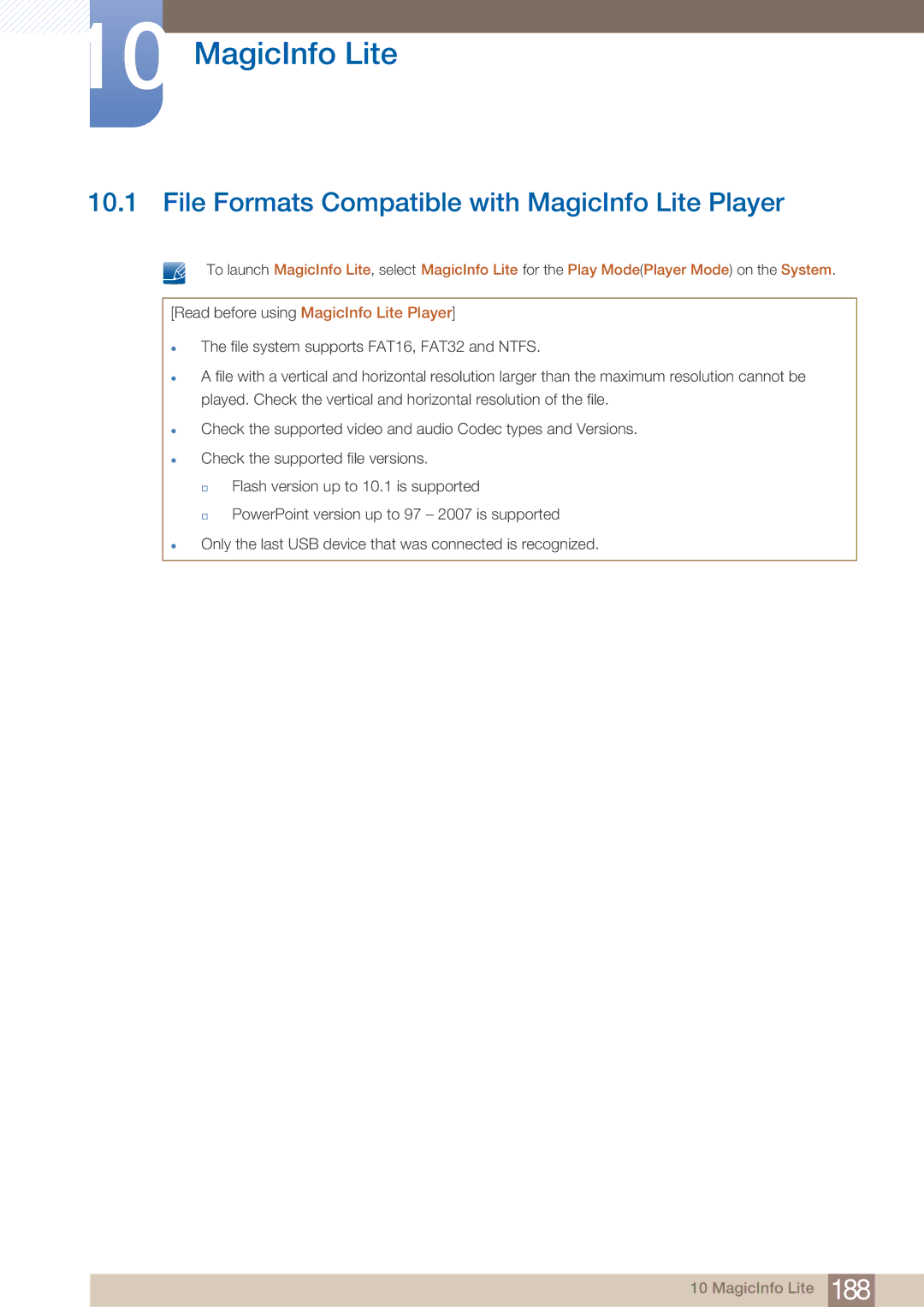 Samsung PE40C user manual File Formats Compatible with MagicInfo Lite Player 