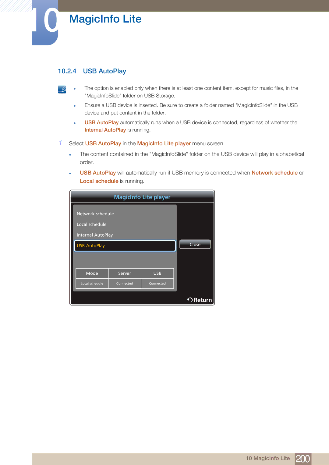 Samsung PE40C user manual Select USB AutoPlay in the MagicInfo Lite player menu screen 