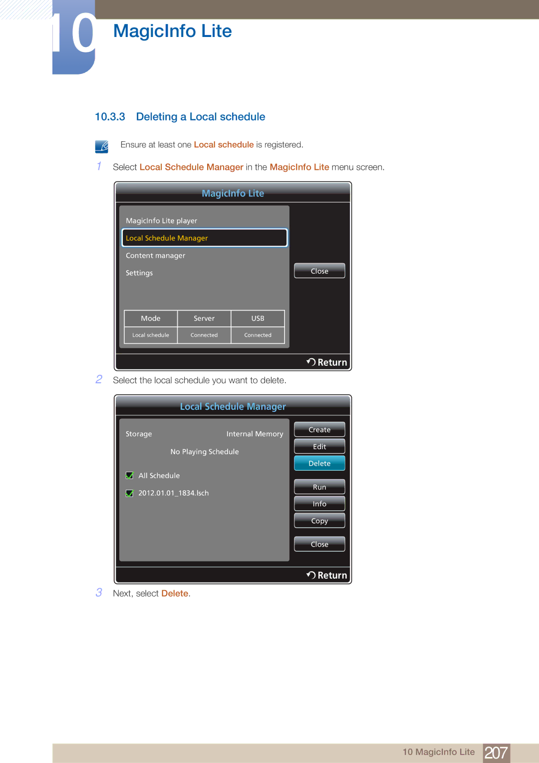 Samsung PE40C user manual Deleting a Local schedule 