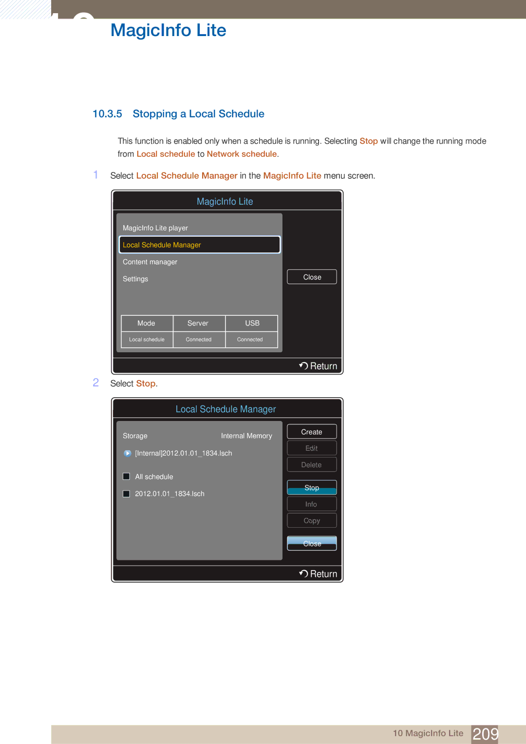 Samsung PE40C user manual Stopping a Local Schedule 