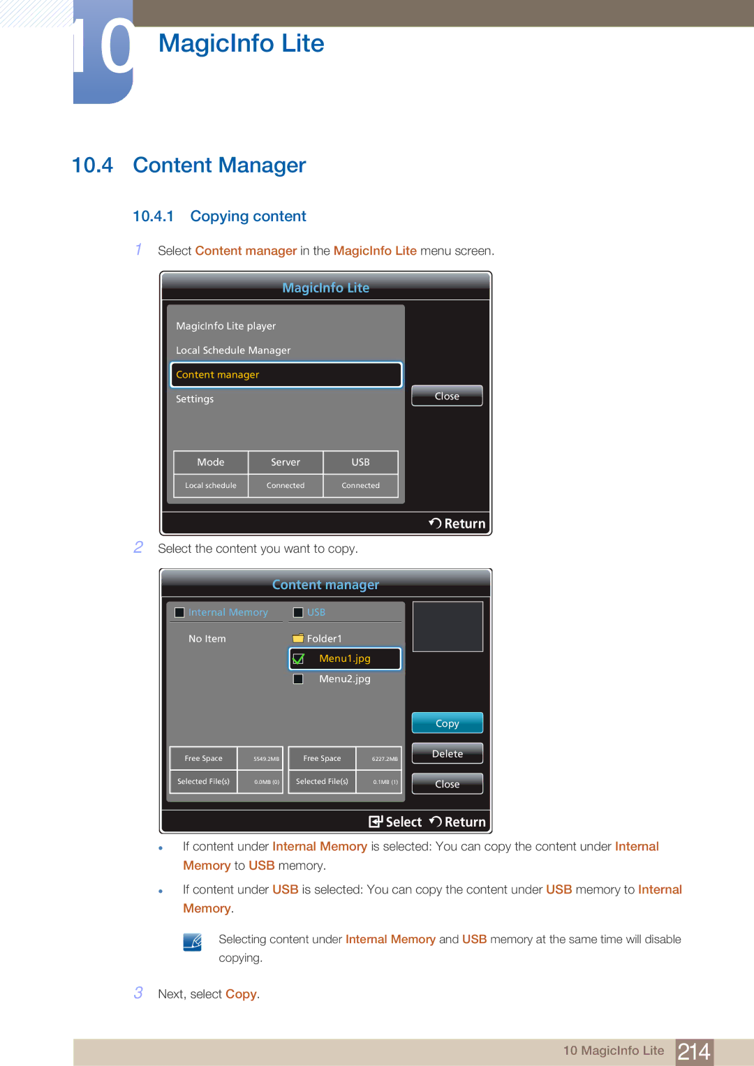 Samsung PE40C user manual Content Manager, Copying content, Select Content manager in the MagicInfo Lite menu screen 