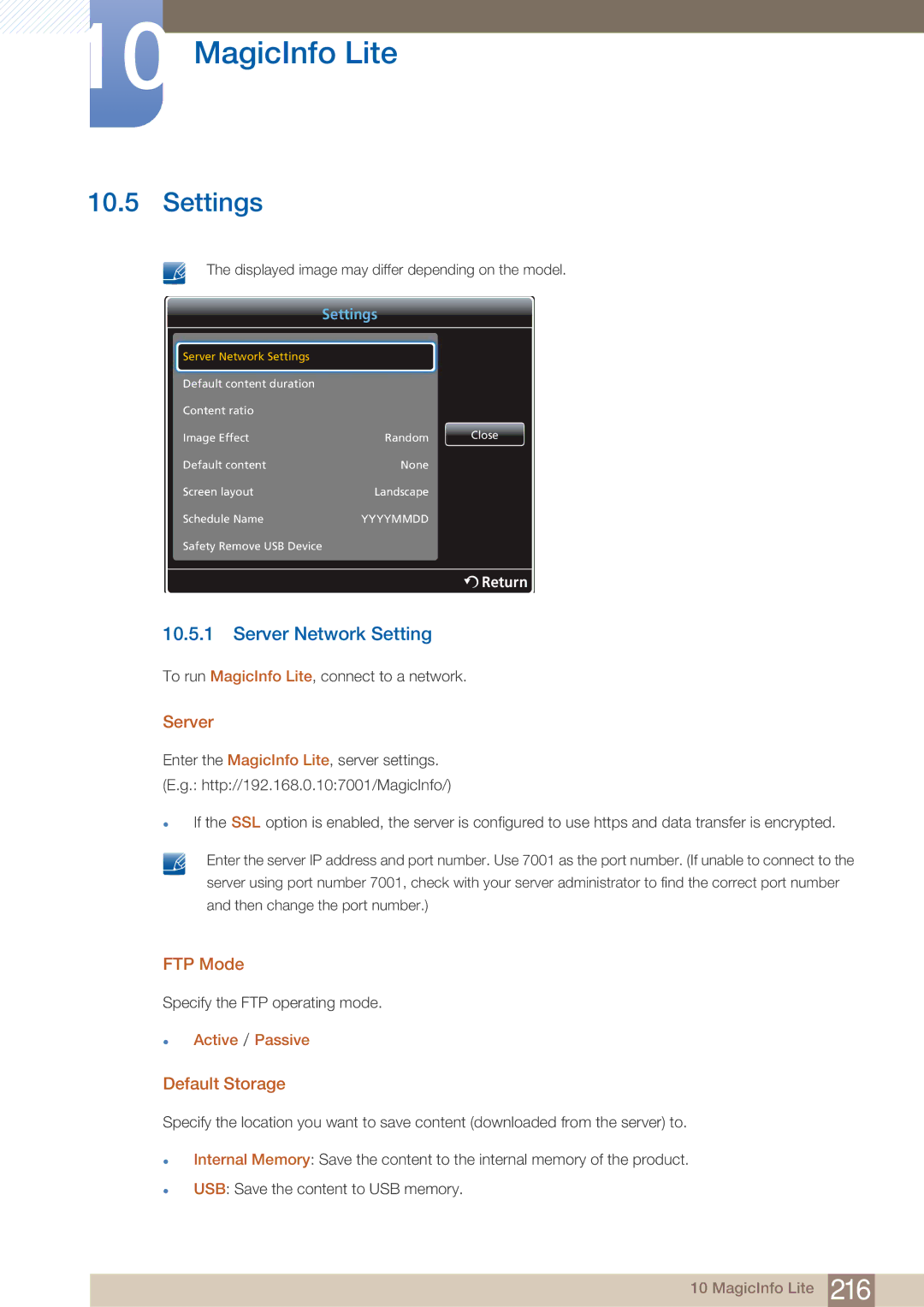 Samsung PE40C user manual Settings, Server Network Setting, FTP Mode, Default Storage 