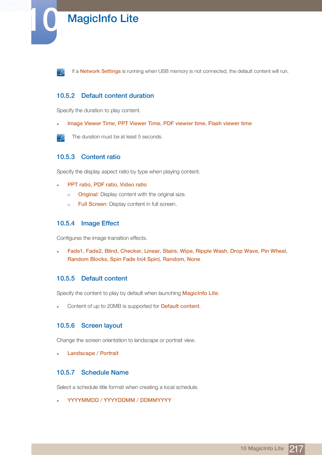 Samsung PE40C user manual Default content duration, Content ratio, Image Effect, Screen layout, Schedule Name 