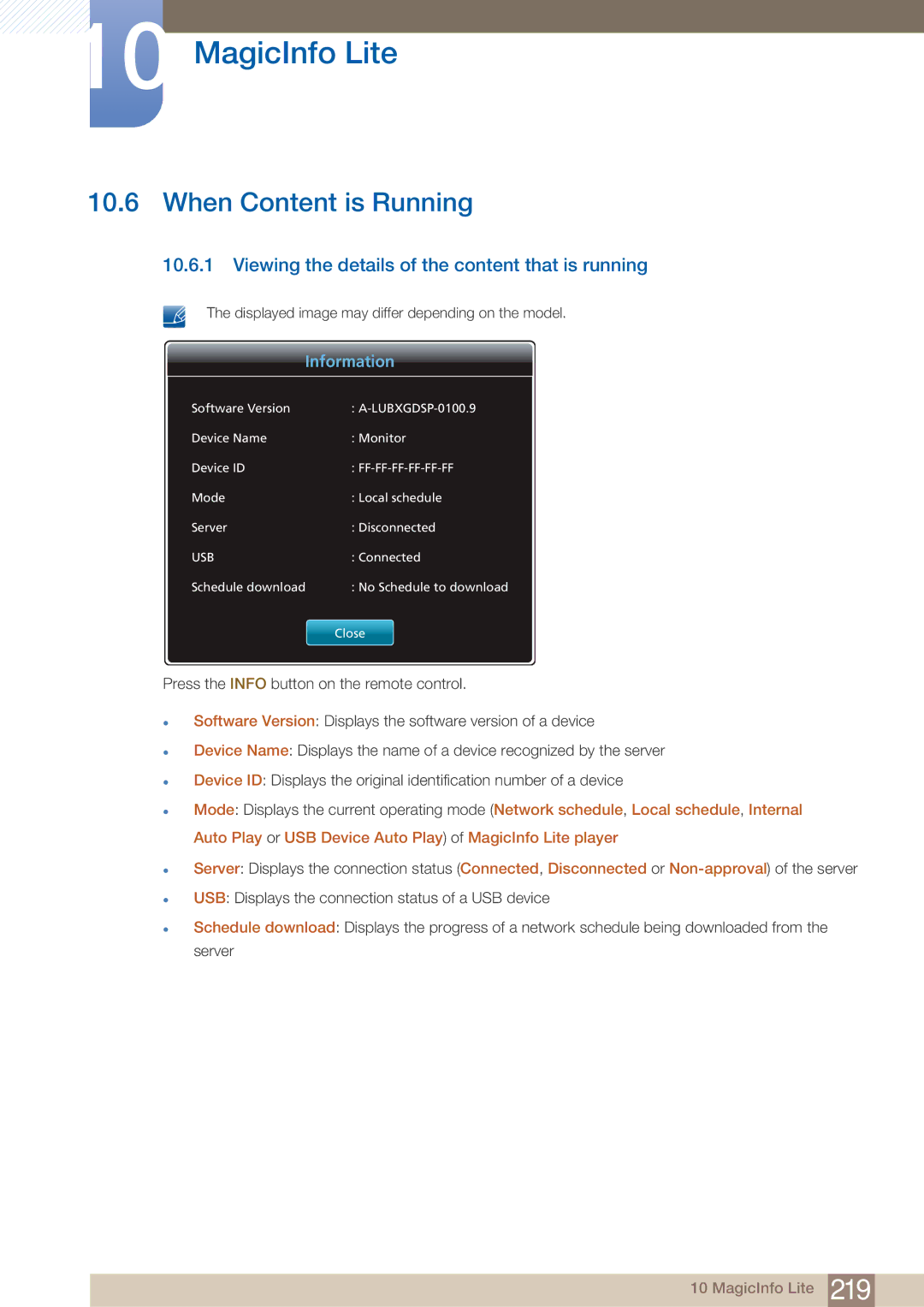 Samsung PE40C user manual When Content is Running, Viewing the details of the content that is running 