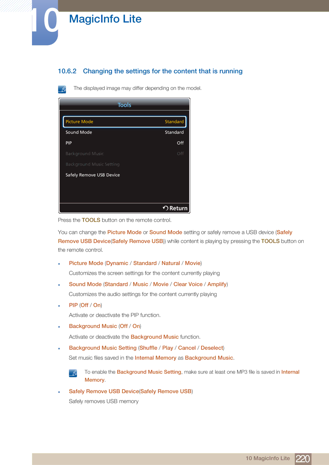 Samsung PE40C user manual Changing the settings for the content that is running,  Background Music Off / On 