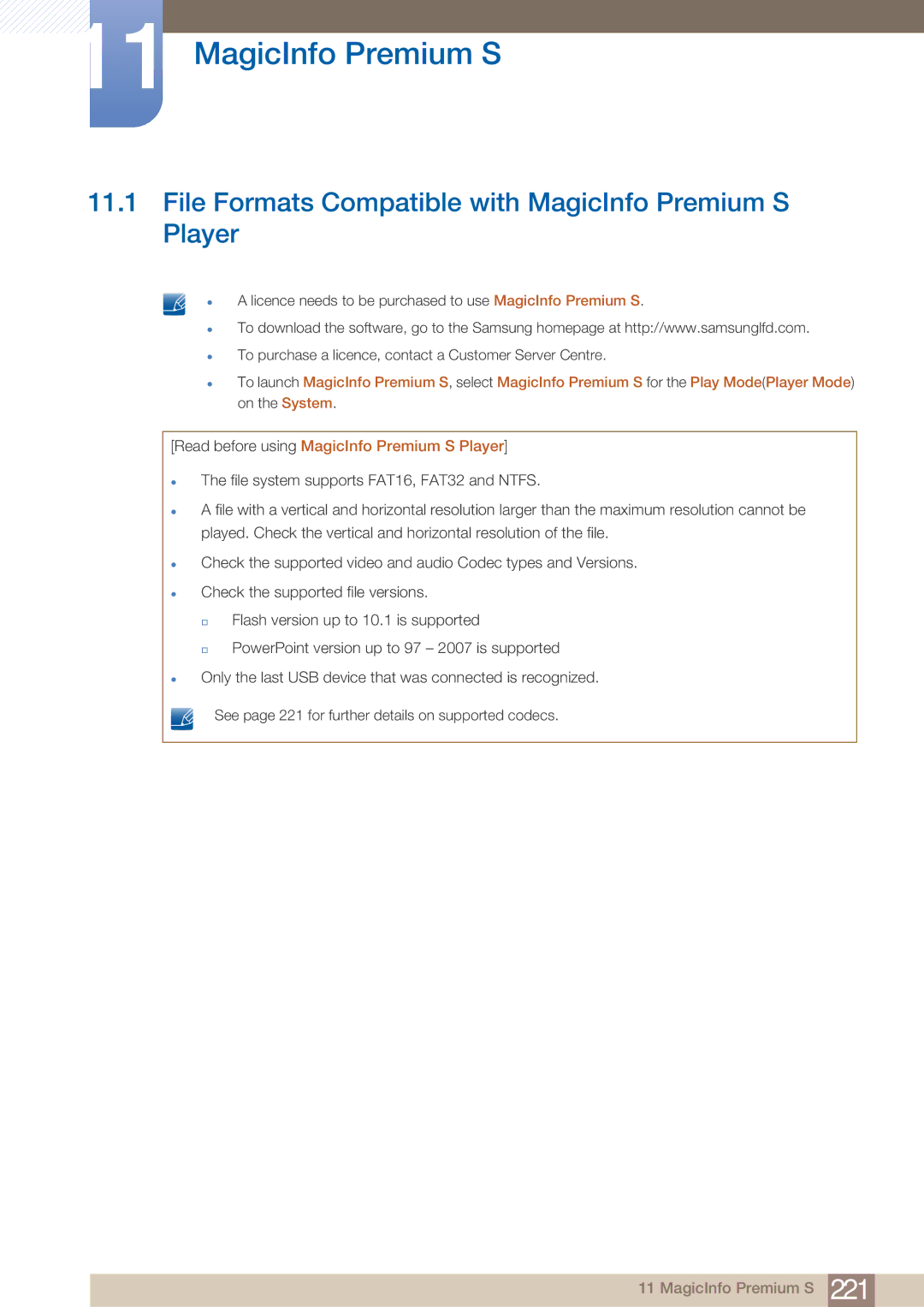 Samsung PE40C user manual File Formats Compatible with MagicInfo Premium S Player 