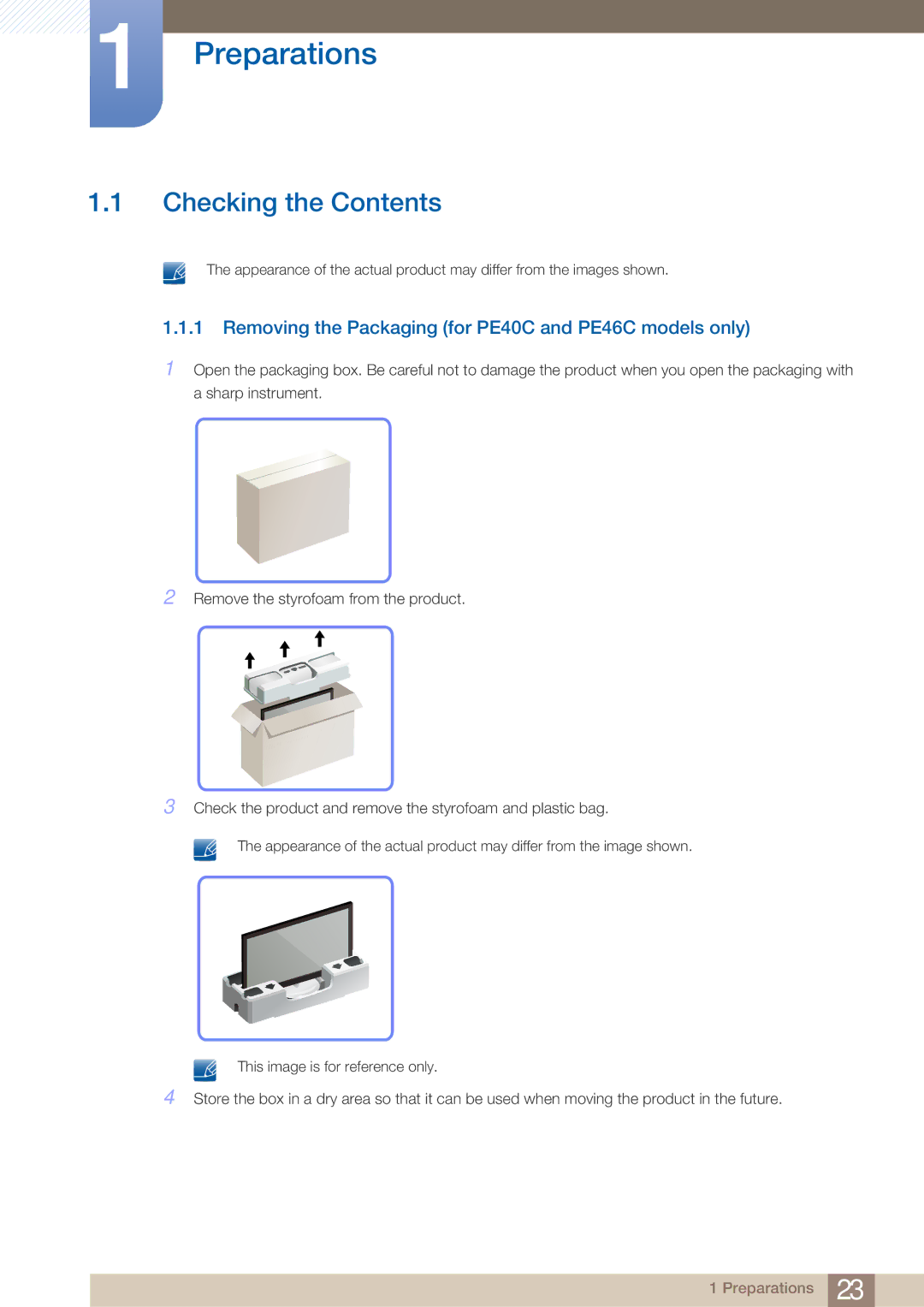 Samsung PE40C user manual Preparations, Checking the Contents 