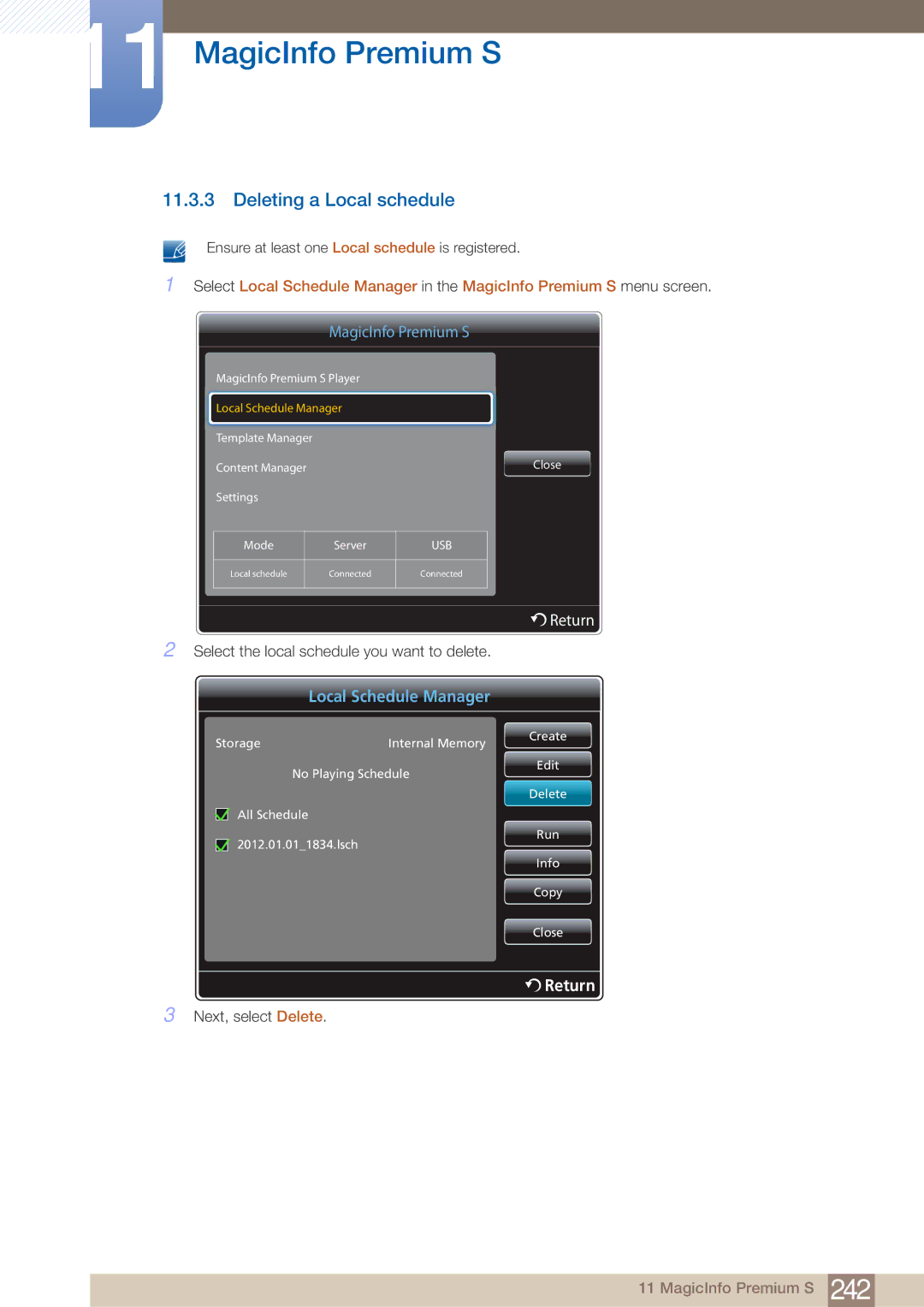 Samsung PE40C user manual Deleting a Local schedule 