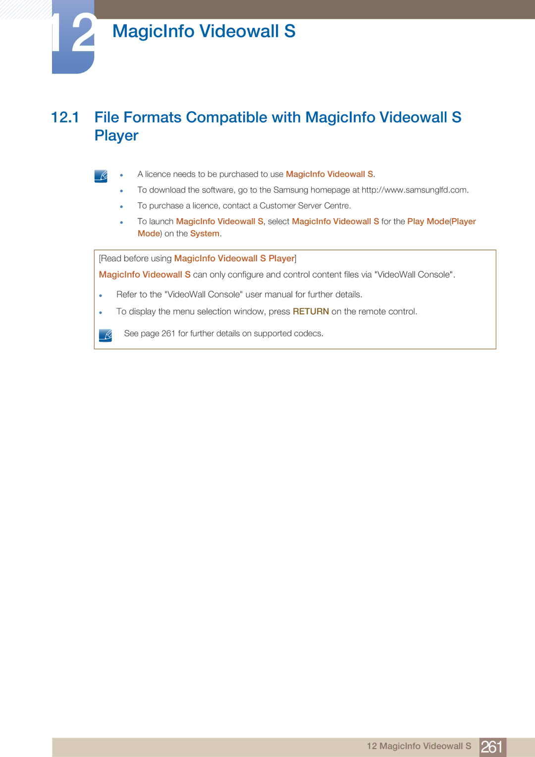 Samsung PE40C user manual File Formats Compatible with MagicInfo Videowall S Player 