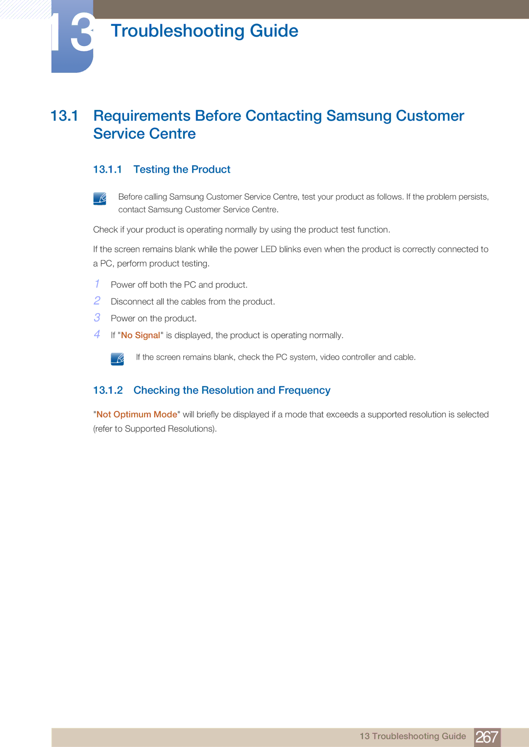 Samsung PE40C user manual Testing the Product, Checking the Resolution and Frequency 