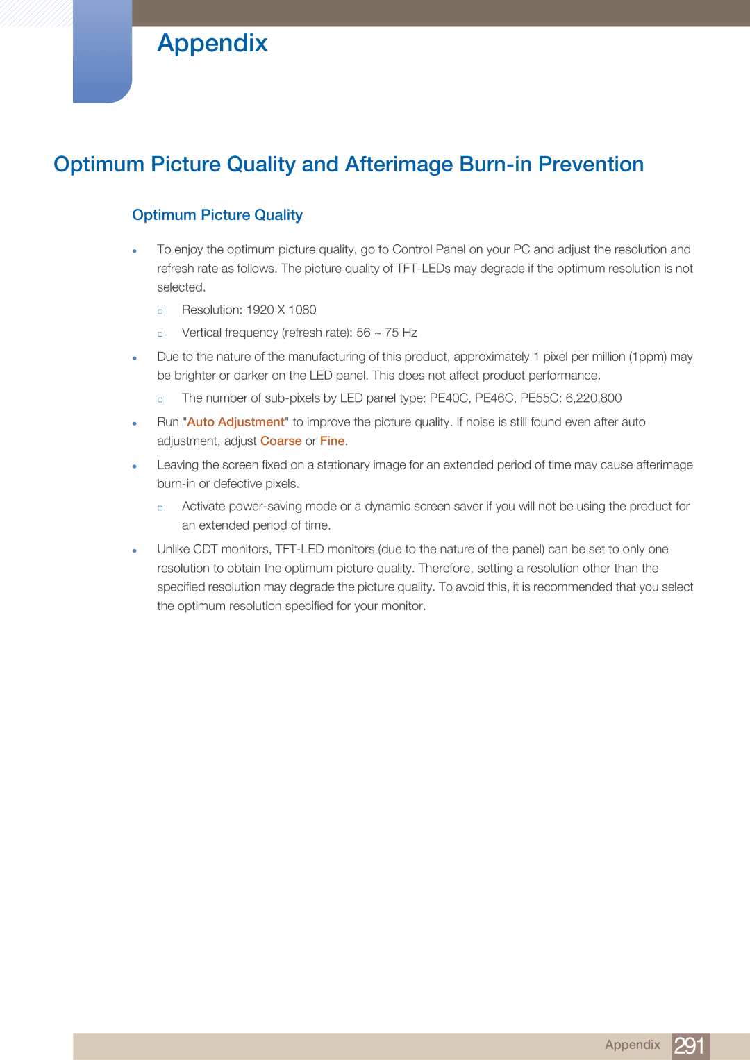 Samsung PE40C user manual Optimum Picture Quality and Afterimage Burn-in Prevention 