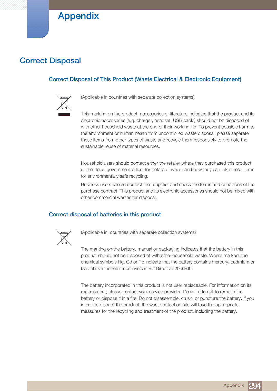 Samsung PE40C user manual Correct Disposal, Correct disposal of batteries in this product 