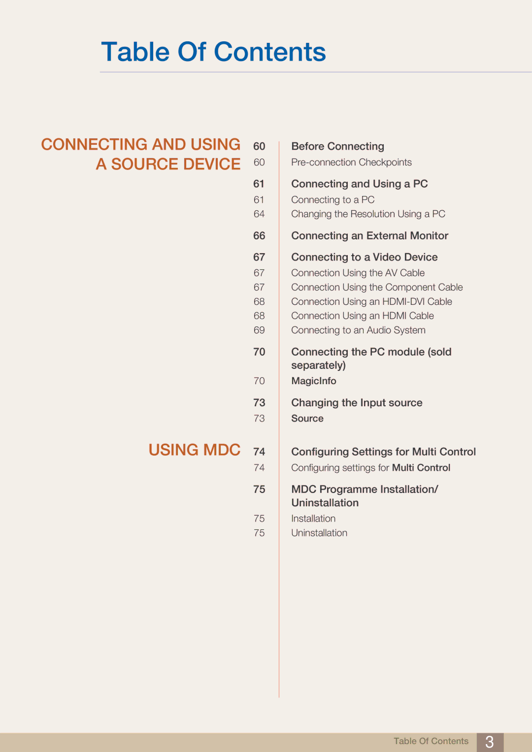 Samsung PE40C user manual Connecting and Using 60 a Source Device Using MDC 