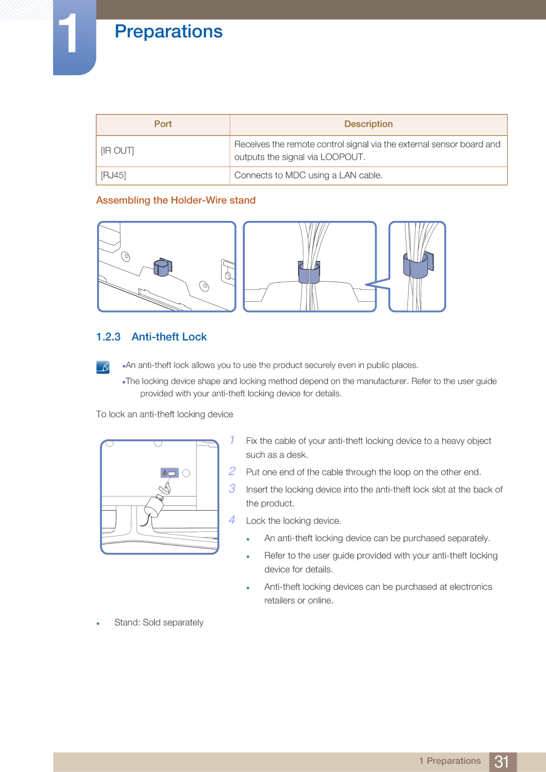 Samsung PE40C user manual Anti-theft Lock, Assembling the Holder-Wire stand 