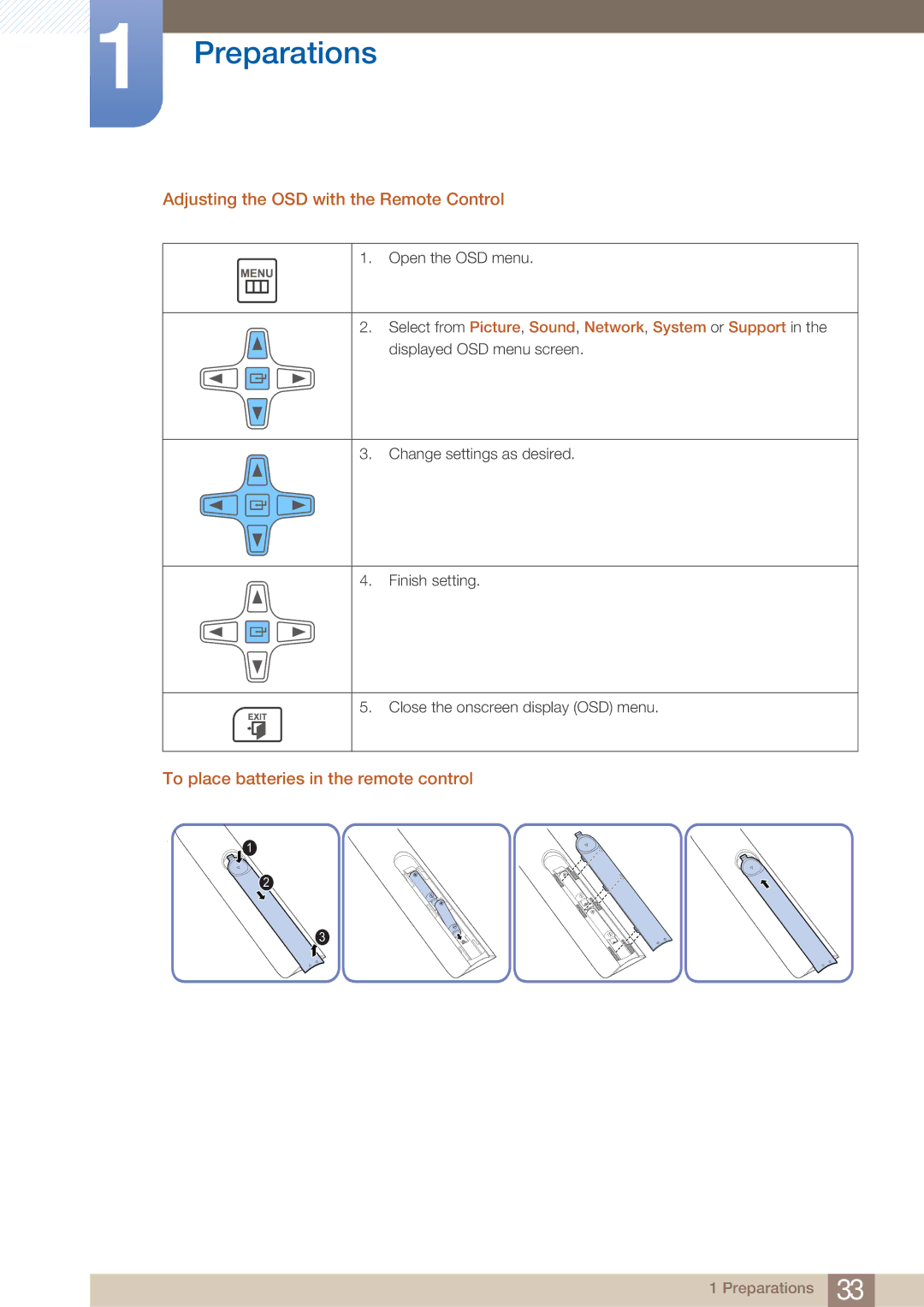 Samsung PE40C user manual Adjusting the OSD with the Remote Control, To place batteries in the remote control 