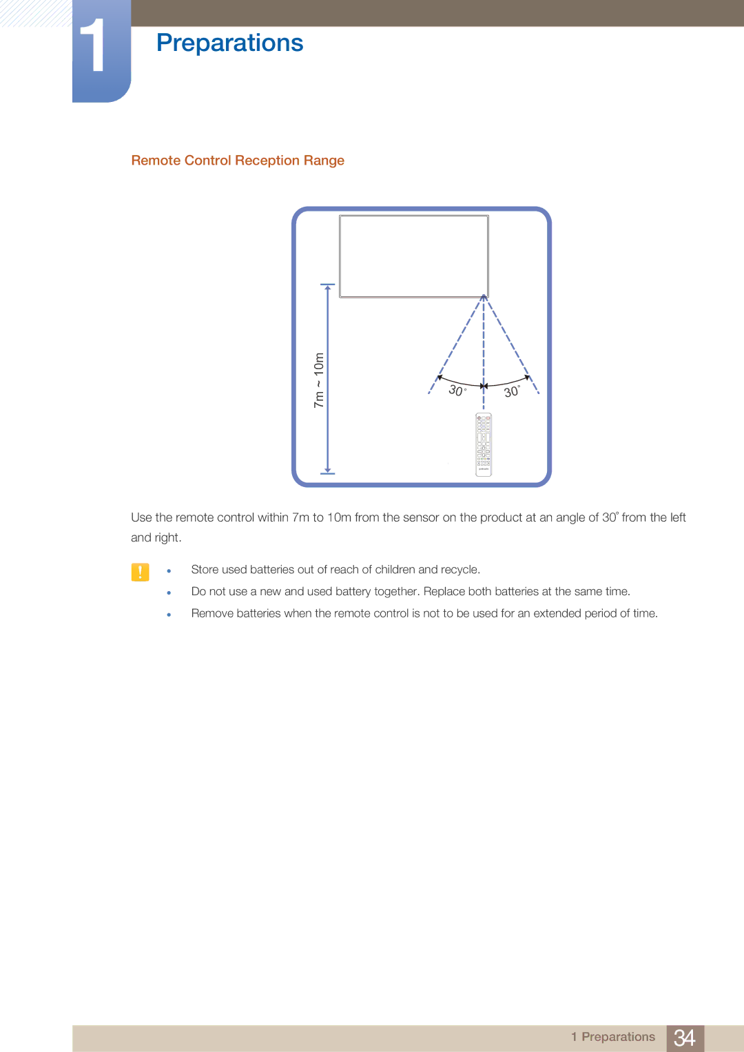 Samsung PE40C user manual Remote Control Reception Range, 7m ~ 10m 