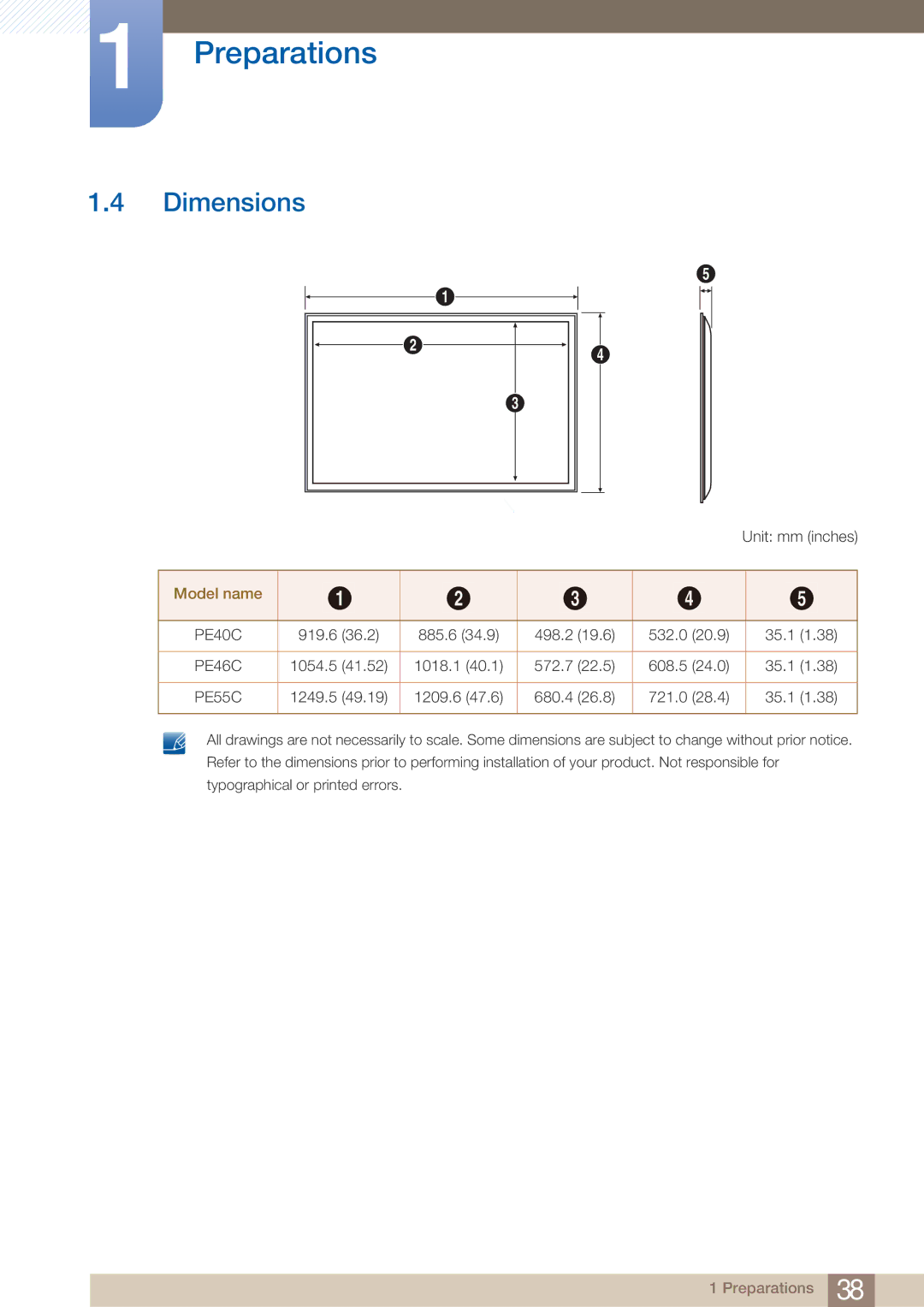 Samsung PE40C user manual Dimensions, PE55C 