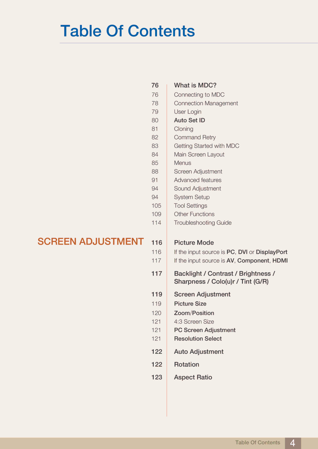 Samsung PE40C user manual Screen Adjustment 