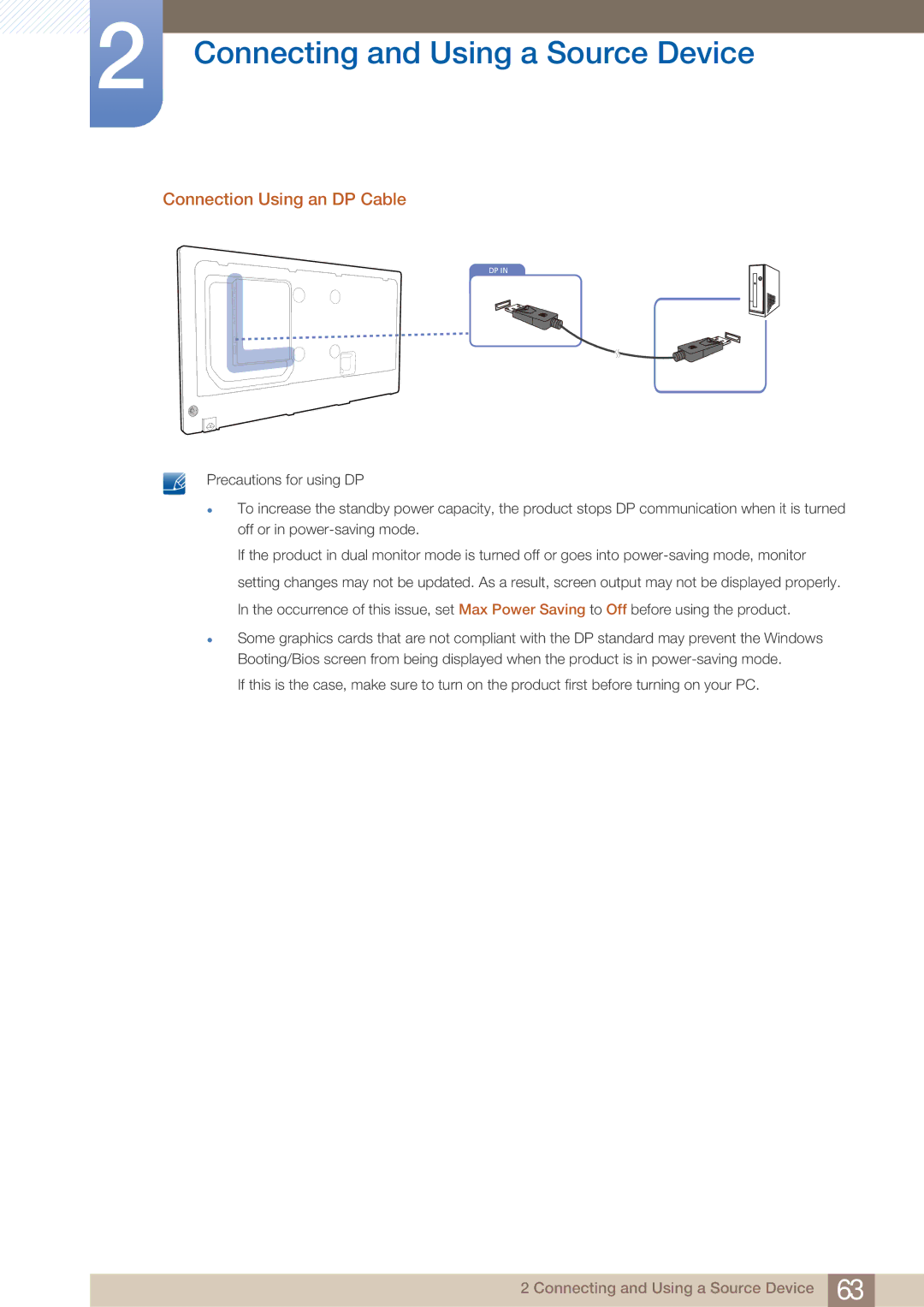 Samsung PE40C user manual Connection Using an DP Cable 