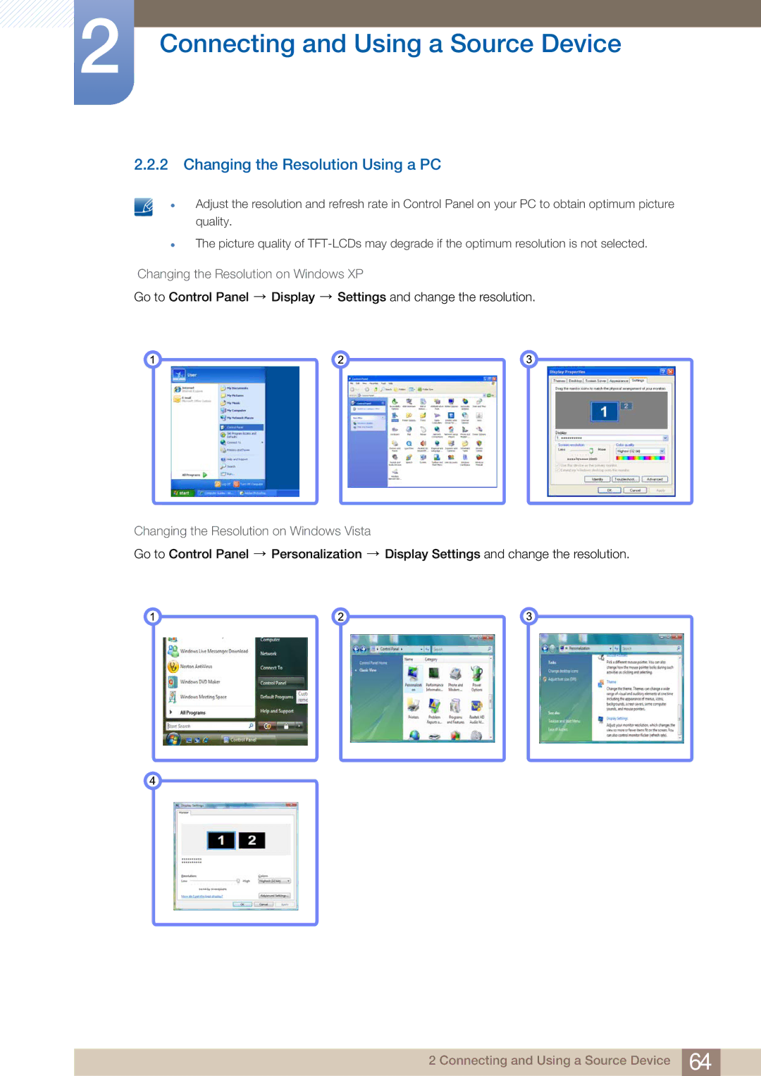 Samsung PE40C user manual Changing the Resolution Using a PC, Changing the Resolution on Windows XP 