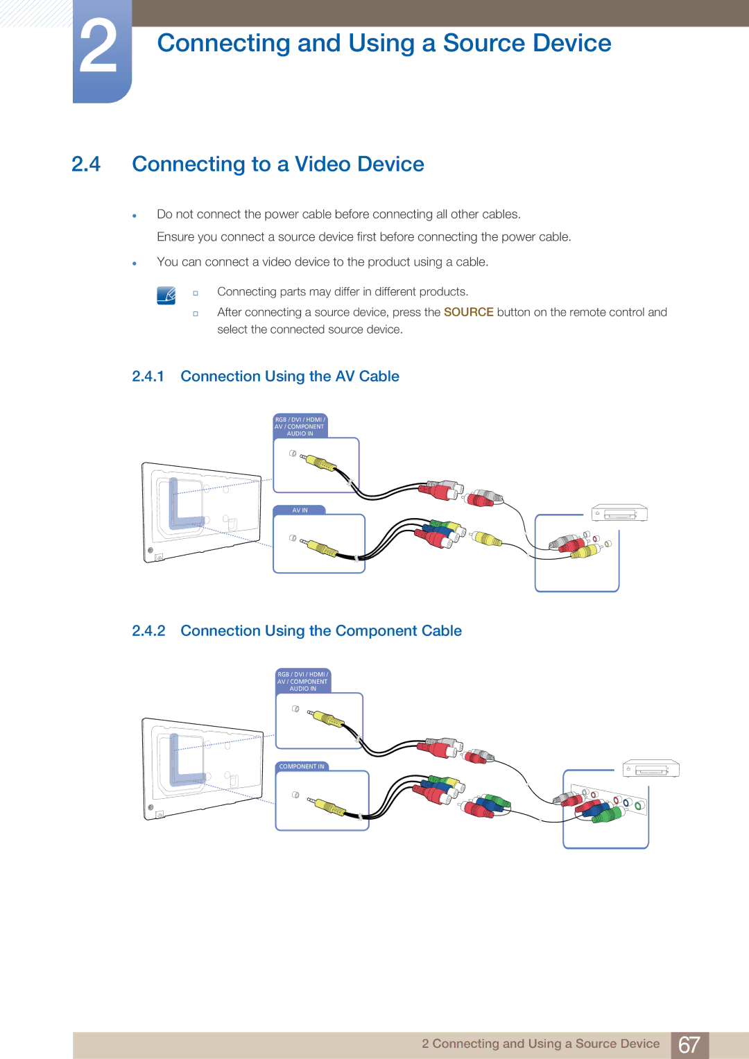 Samsung PE40C user manual Connecting to a Video Device, Connection Using the AV Cable, Connection Using the Component Cable 