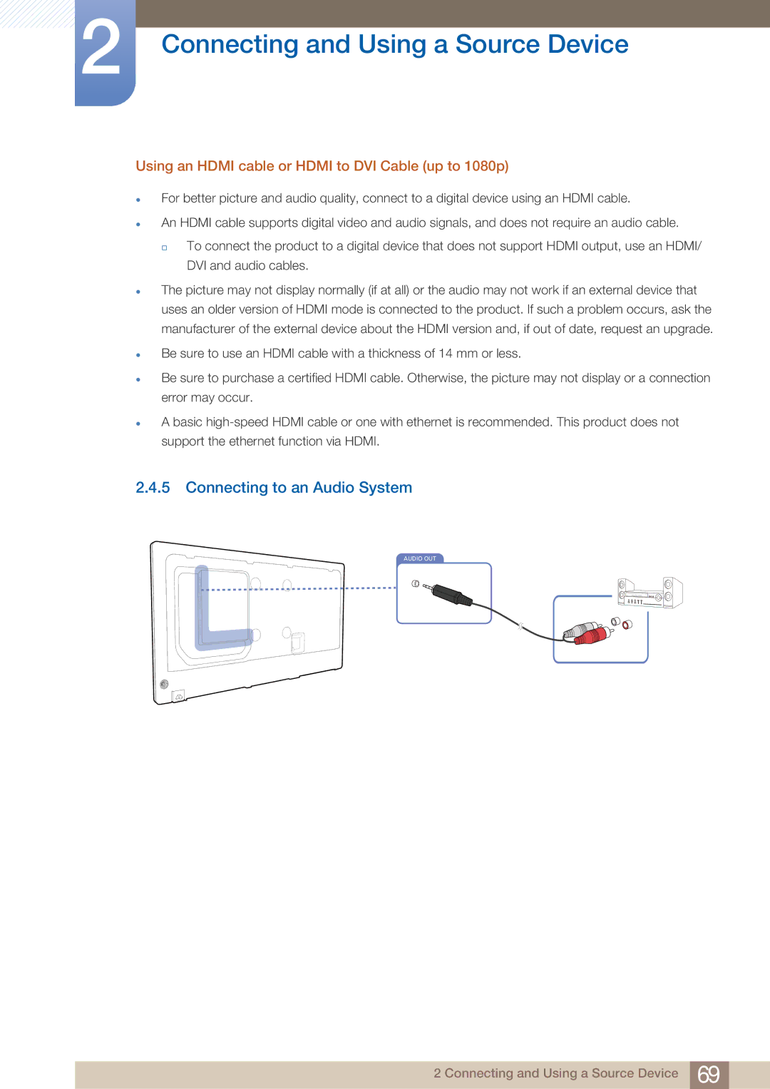 Samsung PE40C user manual Connecting to an Audio System, Using an Hdmi cable or Hdmi to DVI Cable up to 1080p 