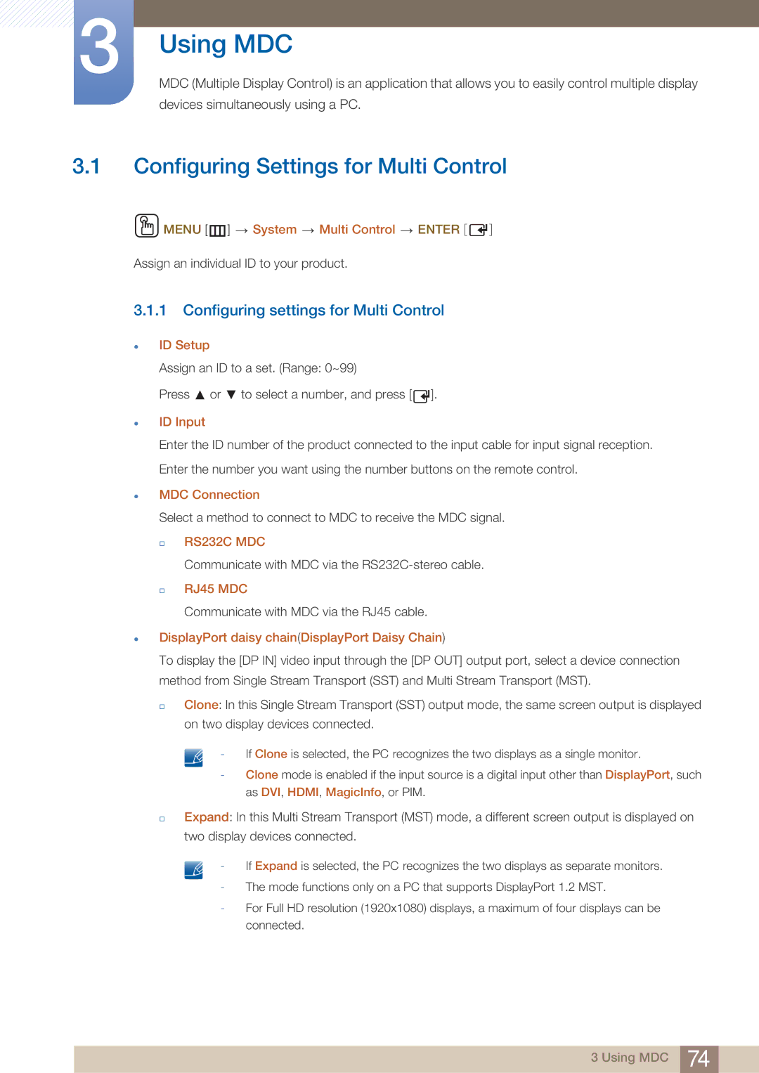 Samsung PE40C user manual Configuring Settings for Multi Control, Configuring settings for Multi Control 