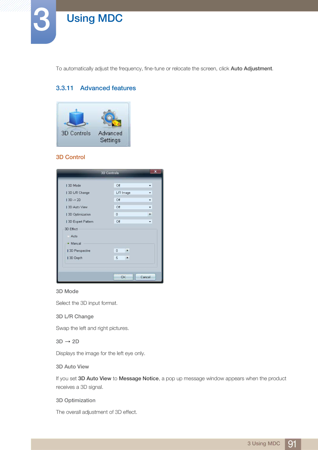 Samsung PE40C user manual Advanced features, 3D Control 