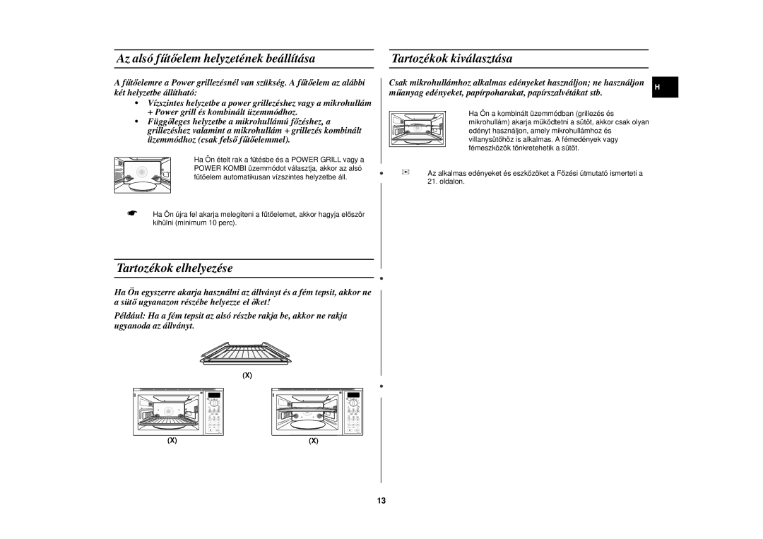 Samsung PG113U-S/XEH manual Az alsó f űtőelem helyzetének beállítása, Tartozékok elhelyezése, Tartozékok kiválasztása 