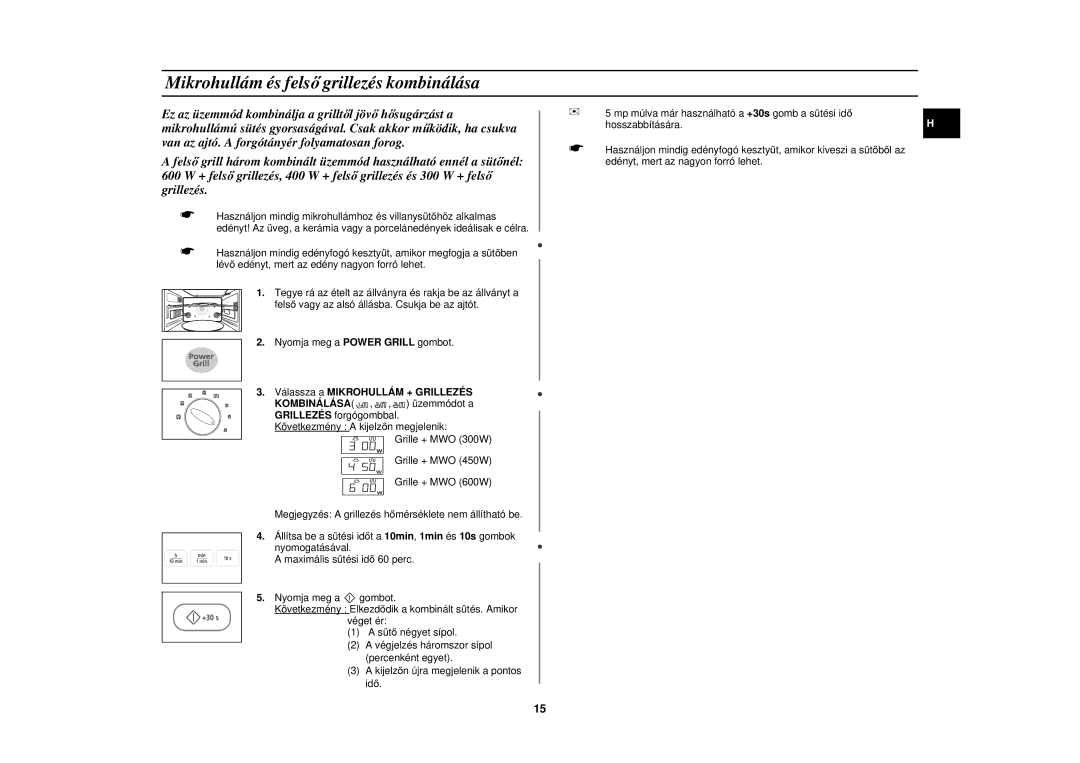 Samsung PG113U-S/XEH manual Mikrohullám és fels ő grillezés kombinálása 