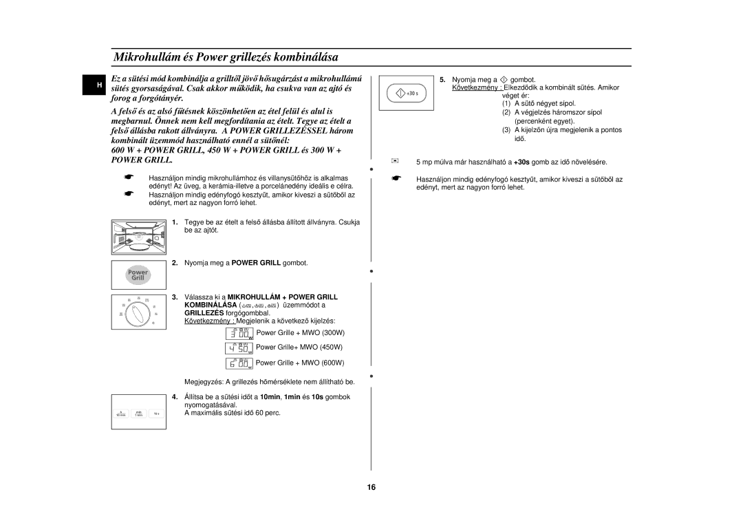 Samsung PG113U-S/XEH manual Mikrohullám és Power grillezés kombinálása, Power Grill 