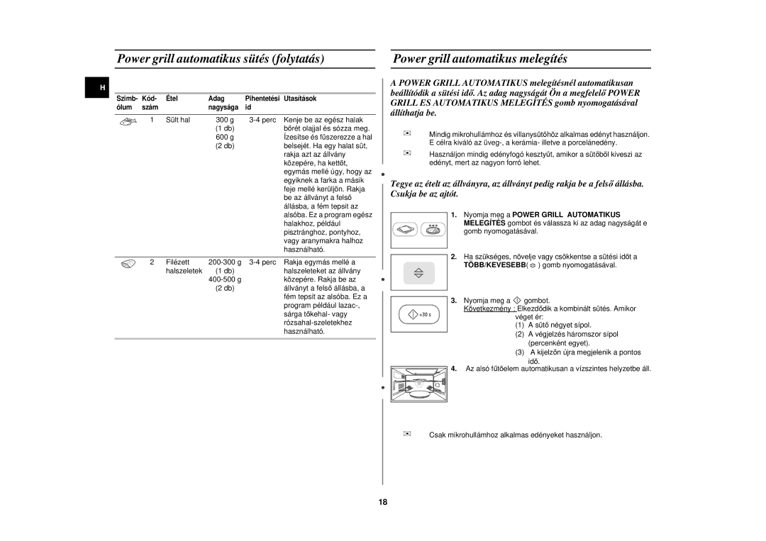 Samsung PG113U-S/XEH manual Power grill automatikus sütés folytatás, Power grill automatikus melegítés 