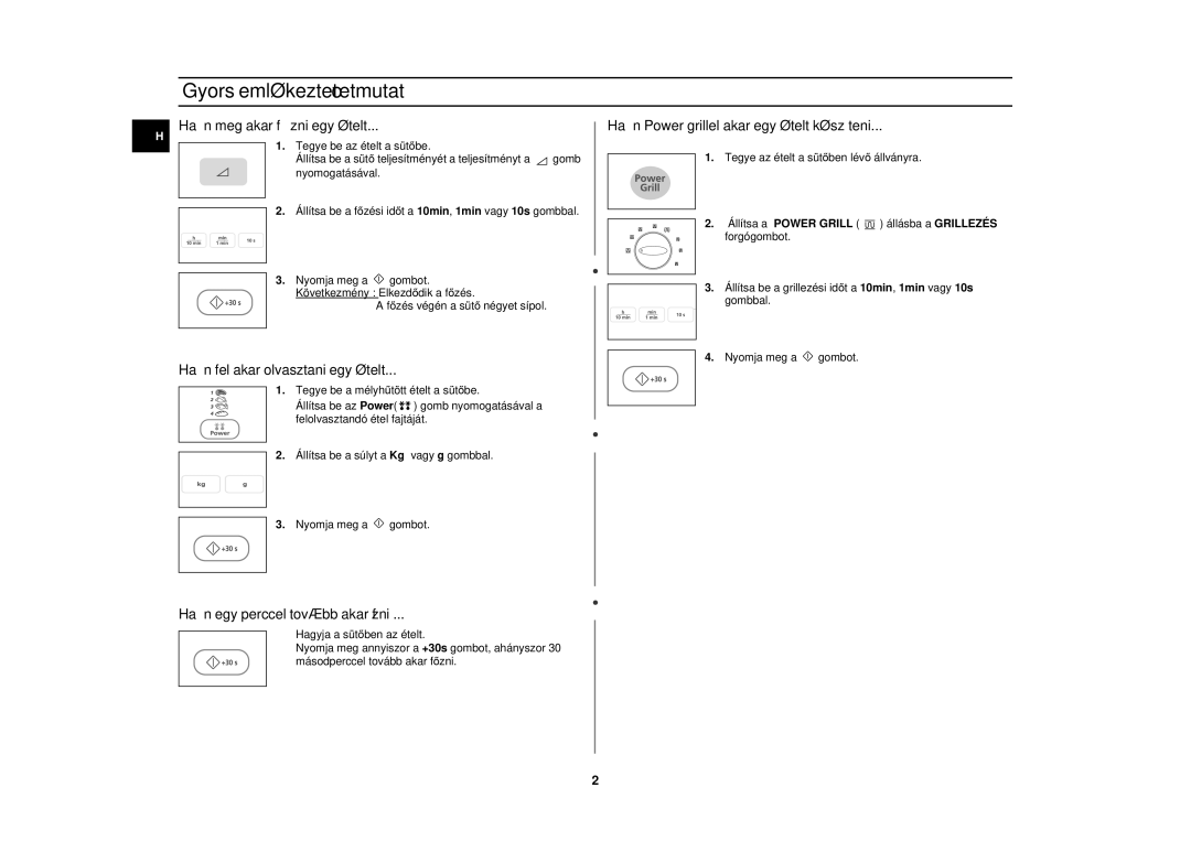 Samsung PG113U-S/XEH manual Gyors emlékeztető útmutató, Állítsa a Power Grill állásba a Grillezés forgógombot 