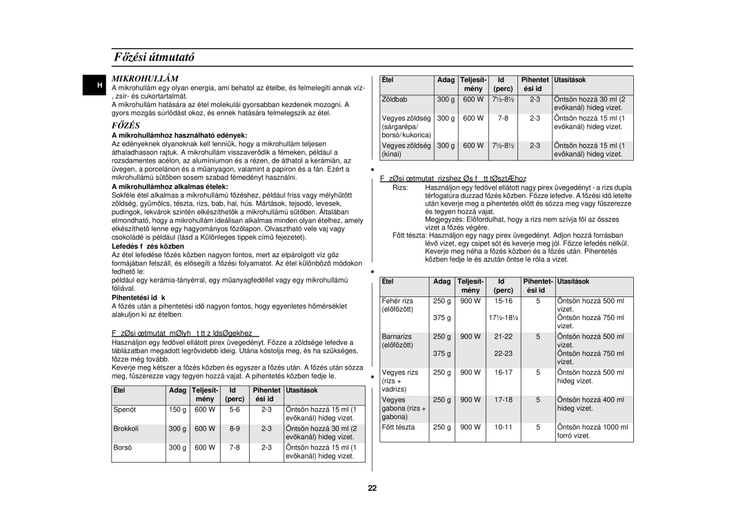 Samsung PG113U-S/XEH Mikrohullám, Főzési útmutató mélyh űtött zöldségekhez, Főzési útmutató rizshez és f őtt tésztához 