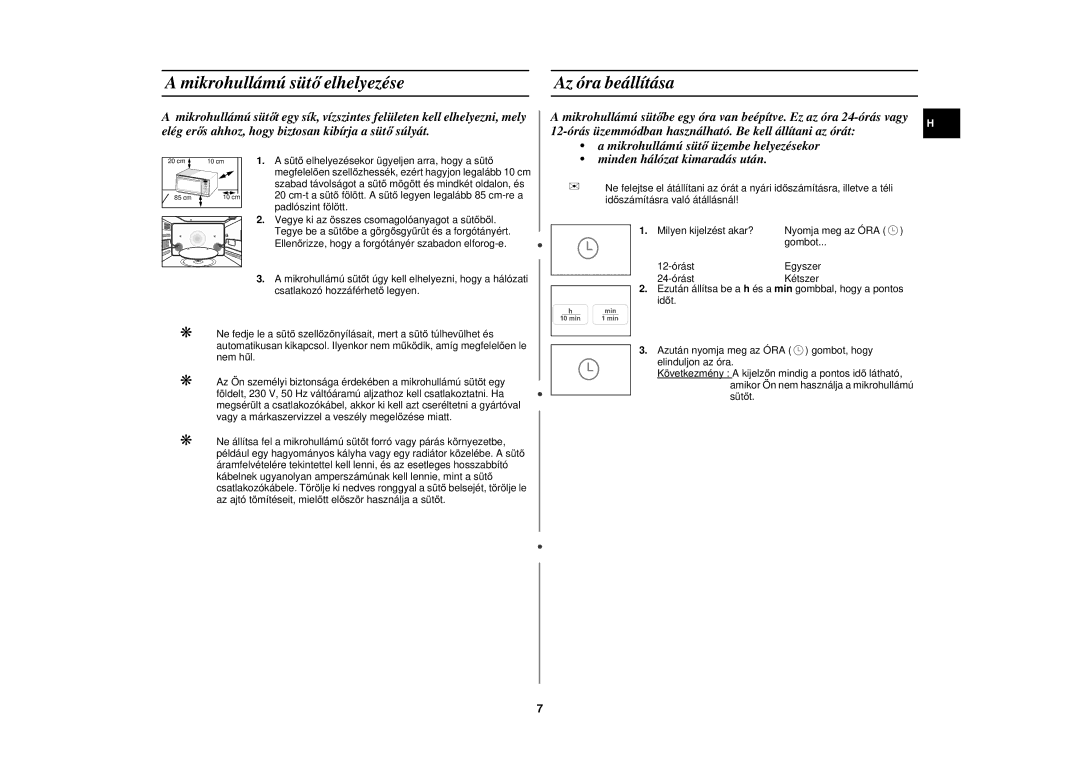 Samsung PG113U-S/XEH manual Mikrohullámú süt ő elhelyezése, Az óra beállítása 