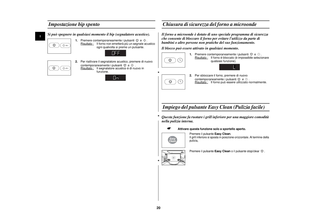 Samsung PG113U-S/XET manual Impostazione bip spento, Chiusura di sicurezza del forno a microonde 